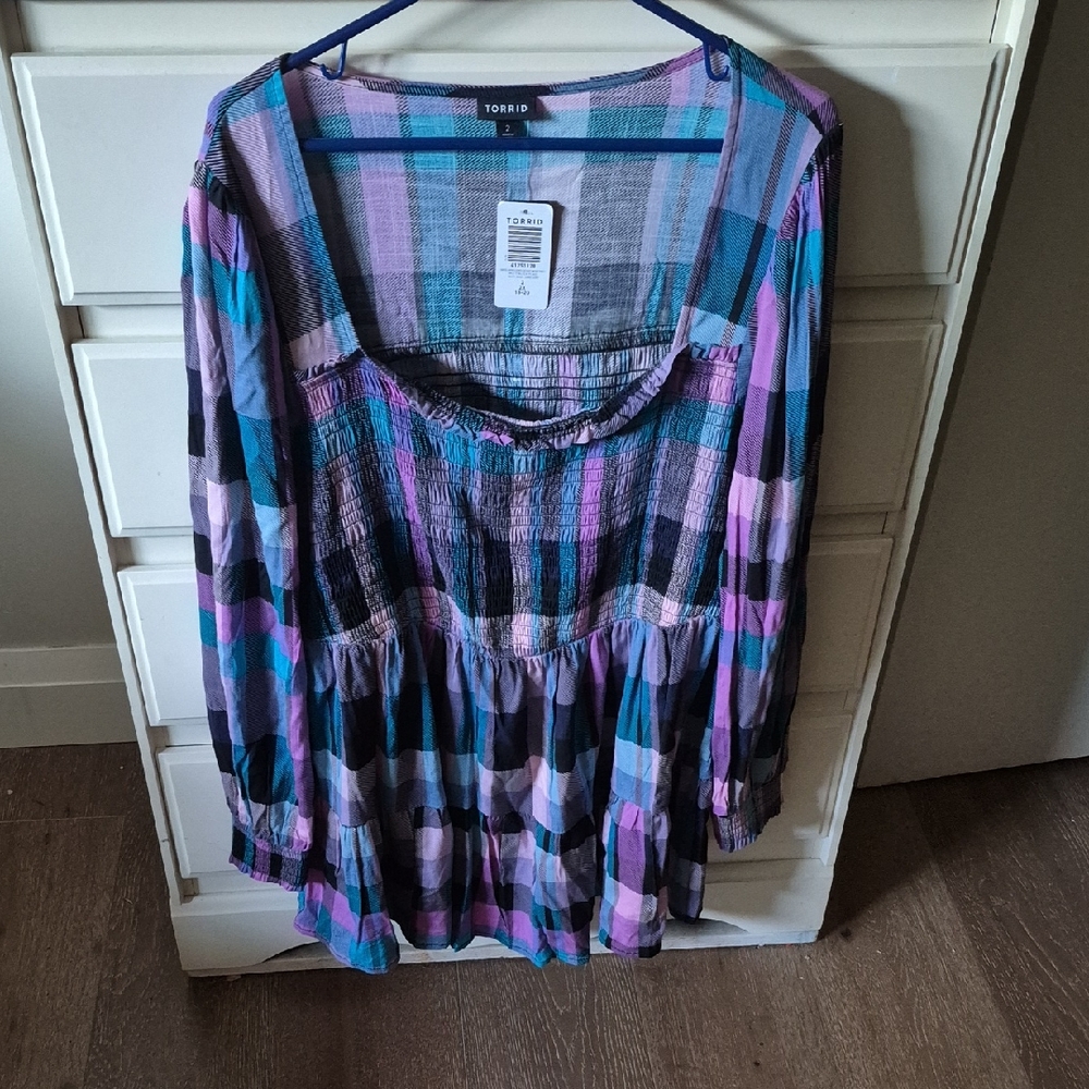 NWT Torrid Plaid Blouse - Blue, Pink, Black